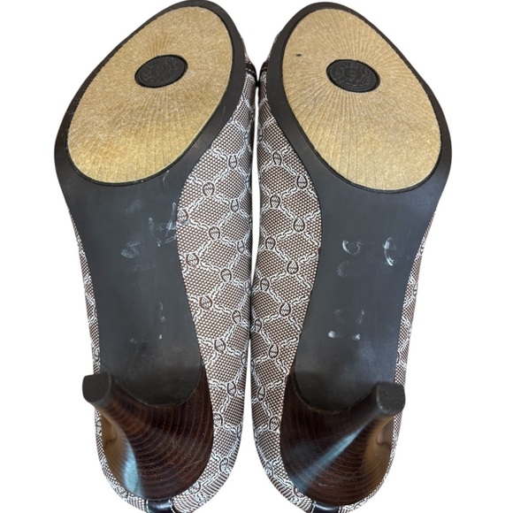 Etienne Aignar Brown and Tan Peep-Toe Buckle Accent Heels - Picture 9 of 9